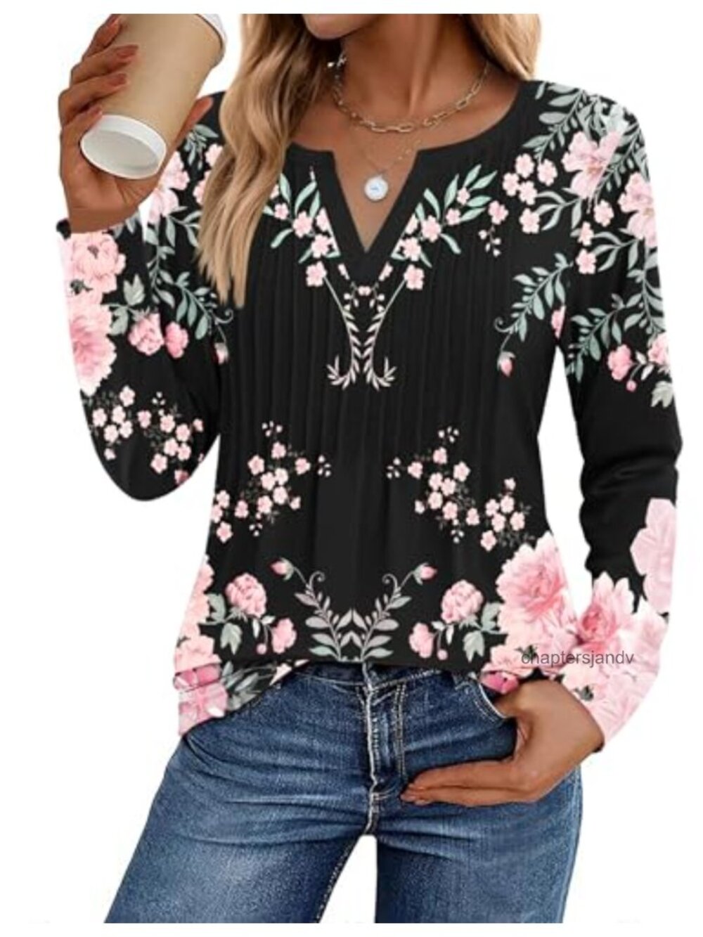 Zeagoo Womens Long Sleeve V Neck Pleated Tunic Blouse Loose Fit Floral